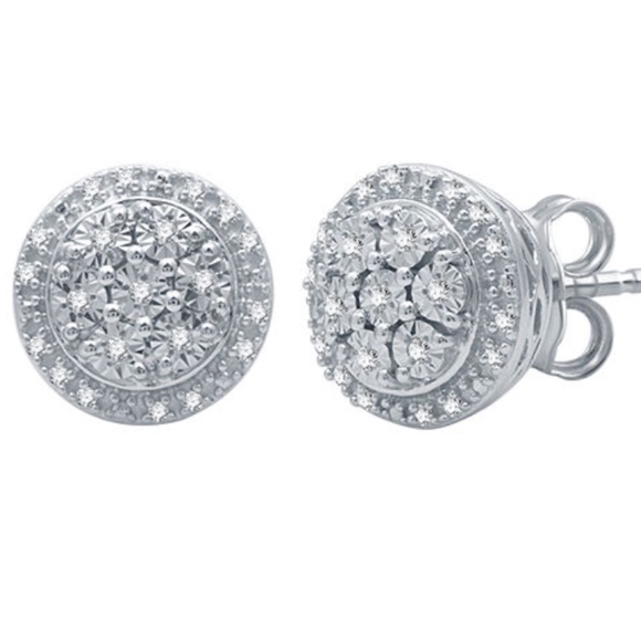 Genuine Diamond 9.3 mm Stud Earrings Sterling Silv - Picture 2 of 3